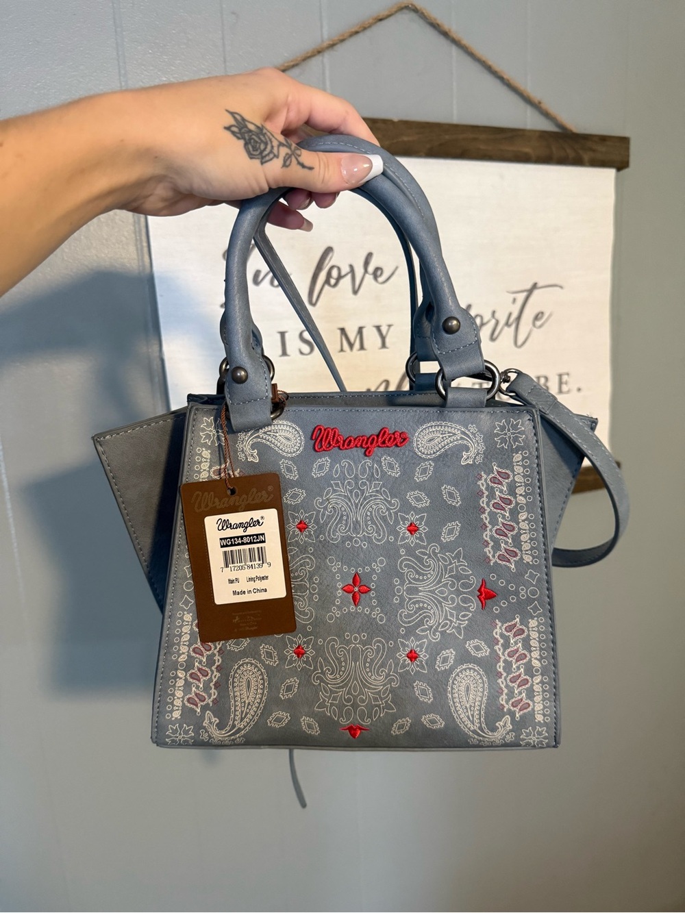 Wrangler Light Blue Bandana-Print Satchel with Red Studs